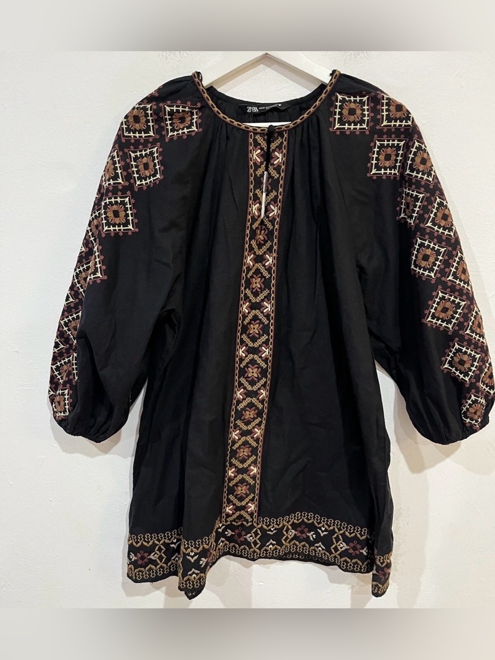 Zara Black Linen Blend Embroidered Balloon Sleeve Boho Peasant Dress XS